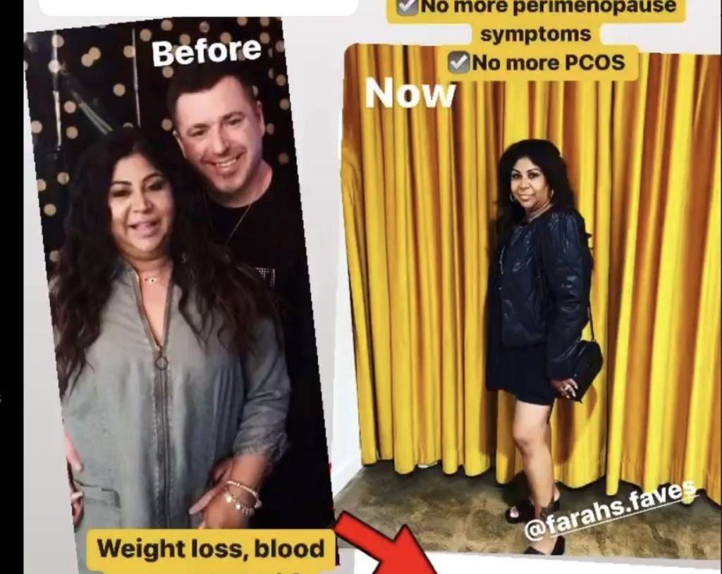 A side by side comparison of before and after Farah started the Unicity Feel Great System showing 40 pound weight loss. 