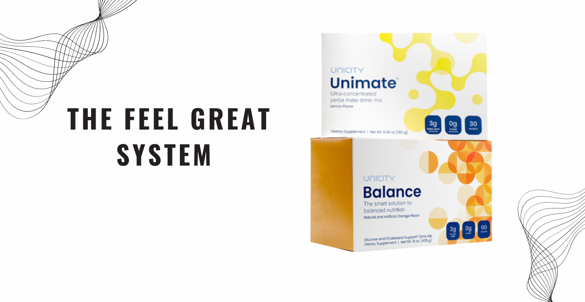 The Feel Great System by Unicity includes a months supply which is a box of Unimate yerba mate drink mix and a box of Unicity balance packets. 