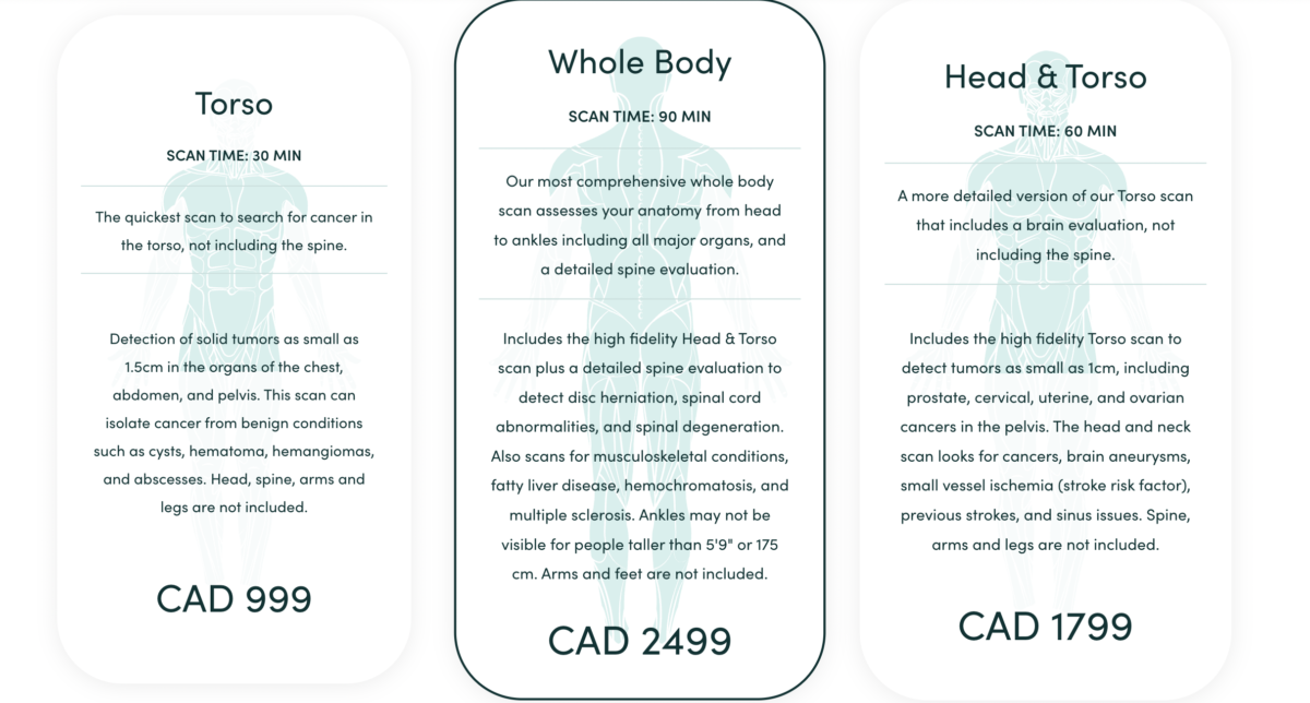 Three different scan packages offered by Prenuvo which include a Torso only scan for 999.00 USD, a Head and Torso scan for 1799.00 USD, and the Whole Body scan for 2499.00 USD