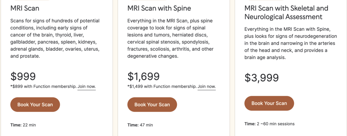 Ezra Scan price options. MRI scan, MRI scan with spine, and MRI scan with skeletal and Neurological assessment.
